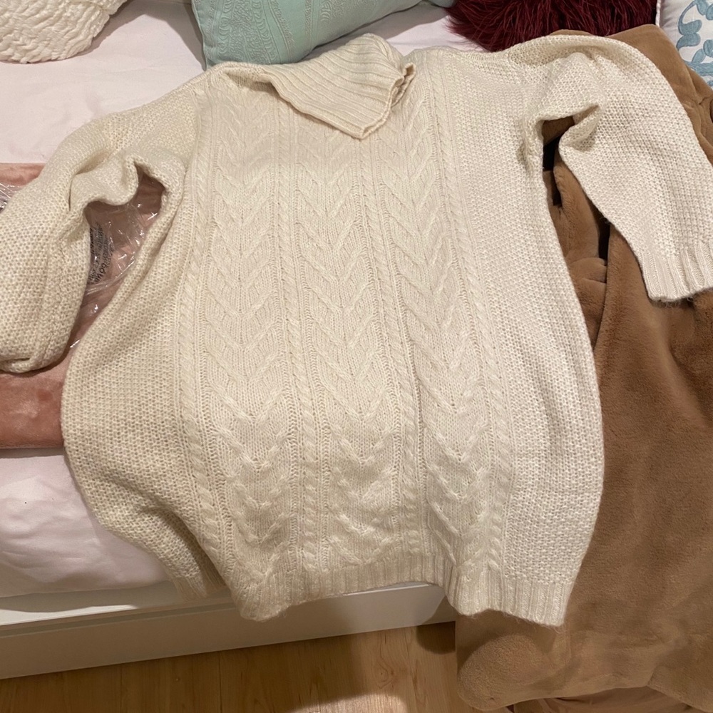Cream colored turtleneck sweater dress